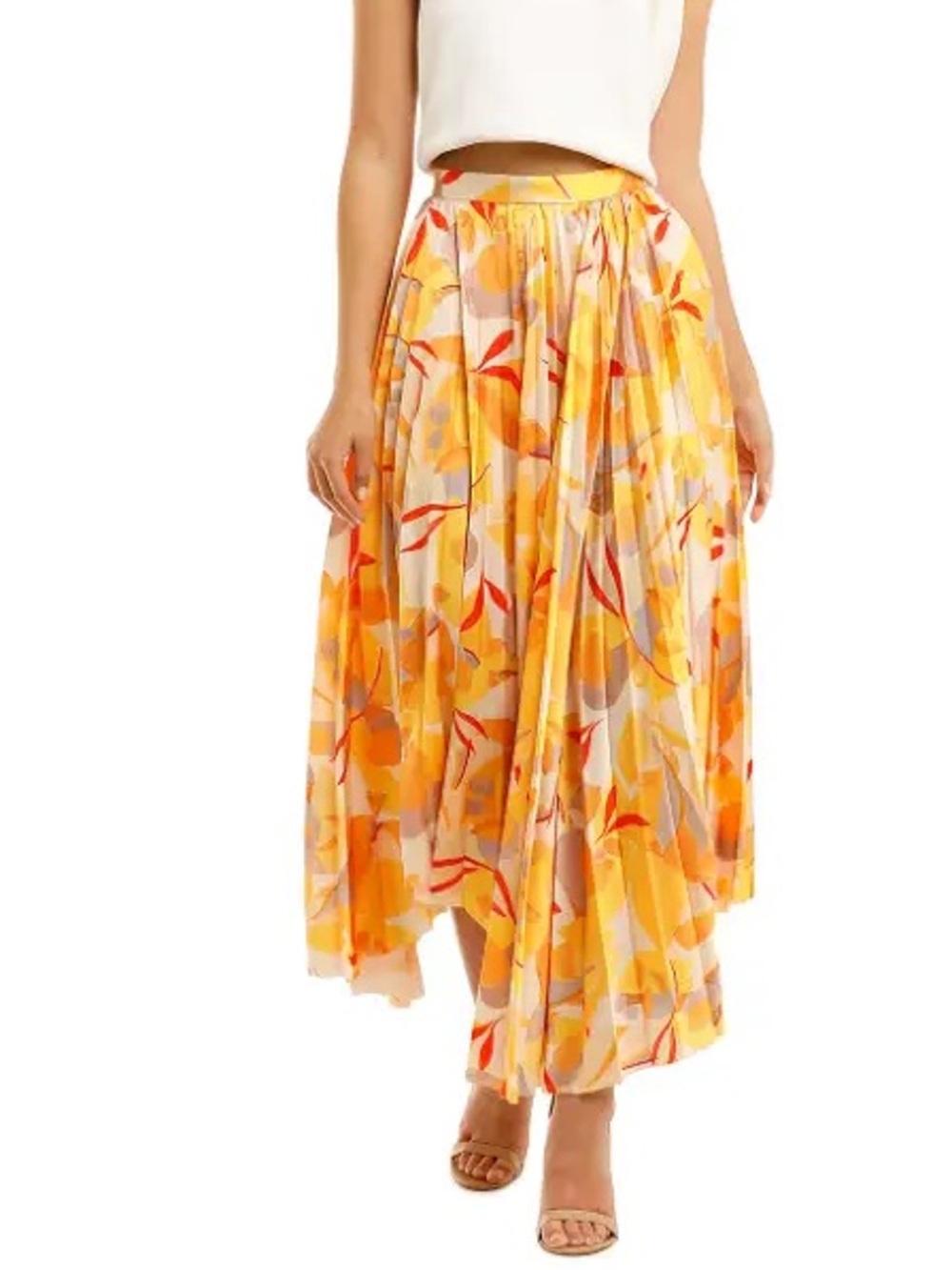 ACLER Printed Yellow Floral Maxi Skirt - Flowing Pleated Design
